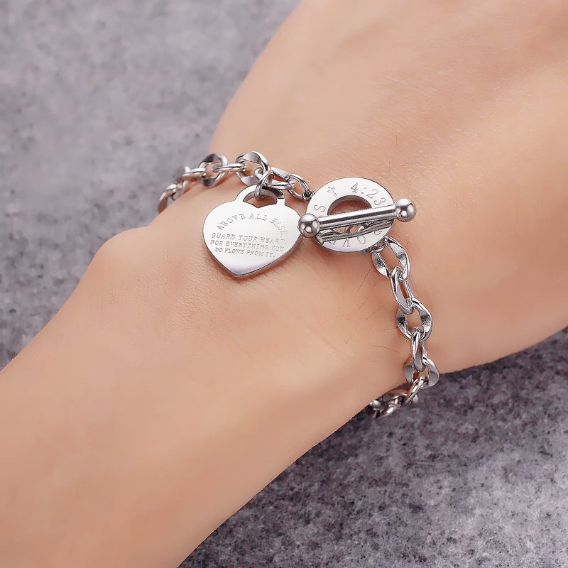 JUPPE Silver Titanium Steel Engraved Bracelet Personalized Proverbs 4:23 Bangle Gift for Women Girls (Silver) - Image 4